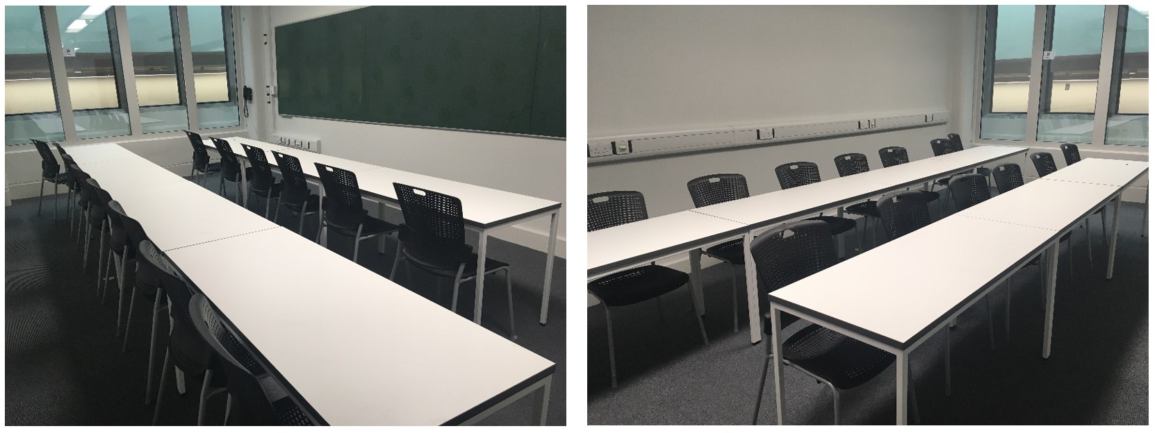 Tables and chairs in rows facing the teaching wall.